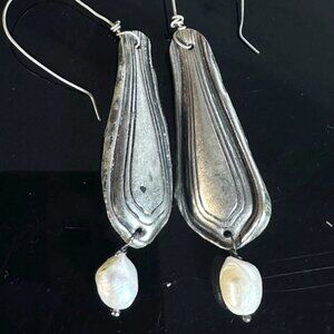 Genuine Pearls Antique Sterling Silver 925 Earrings Drop Dangle Repousse